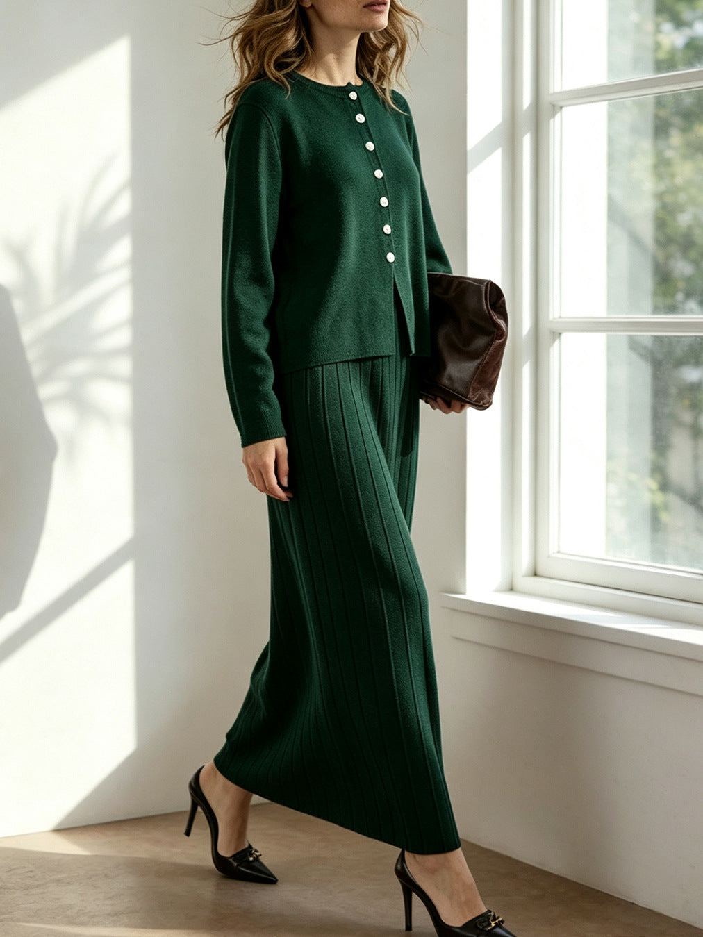 Women's Ribbed Knit Cardigan Maxi Skirt Matching Set