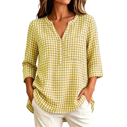 Women's Gingham V Neck 3/4 Sleeve Loose Casual Blouse