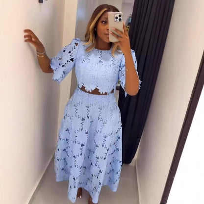 Women's Lace Floral Cutout Two Piece Midi Skirt Set