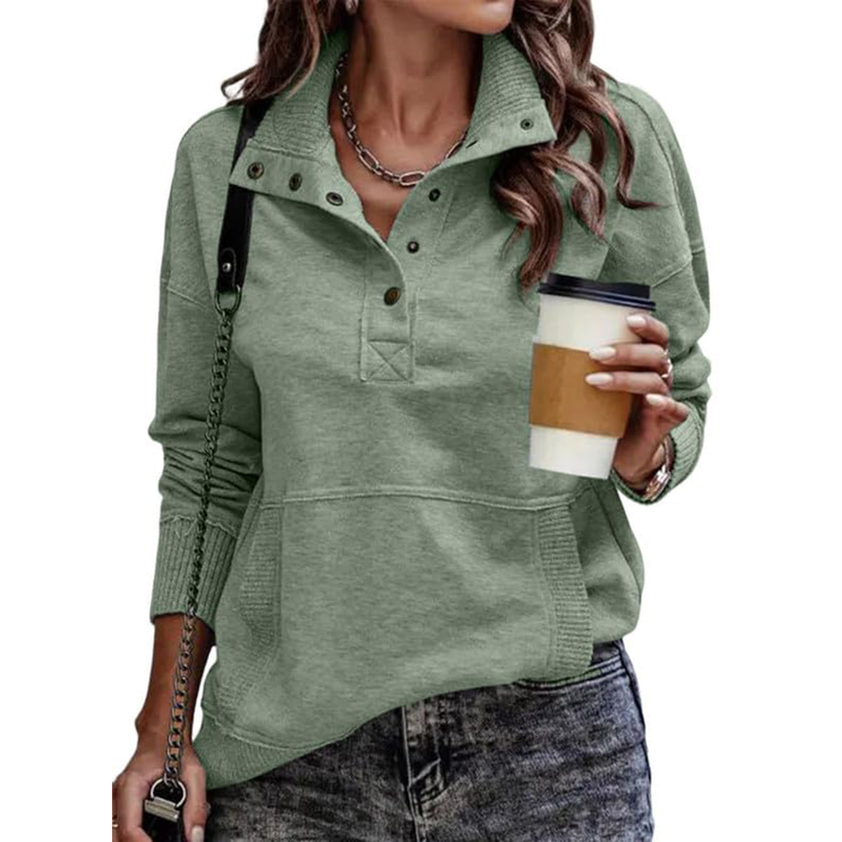 Women's Oversized Button Sweatshirt with Pocket