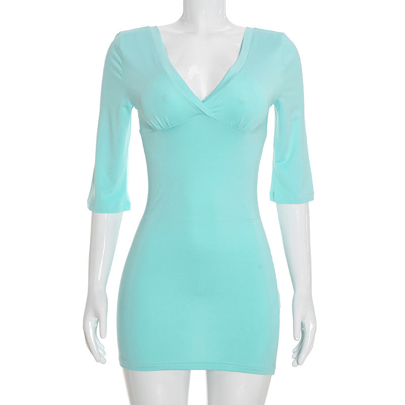 Sexy V Neck Backless Bodycon Mini Dress 3/4 Sleeve