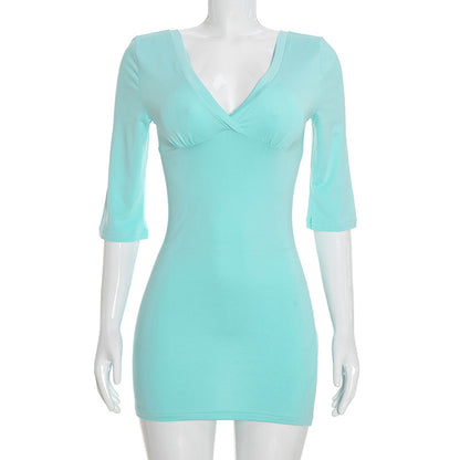 Sexy V Neck Backless Bodycon Mini Dress 3/4 Sleeve
