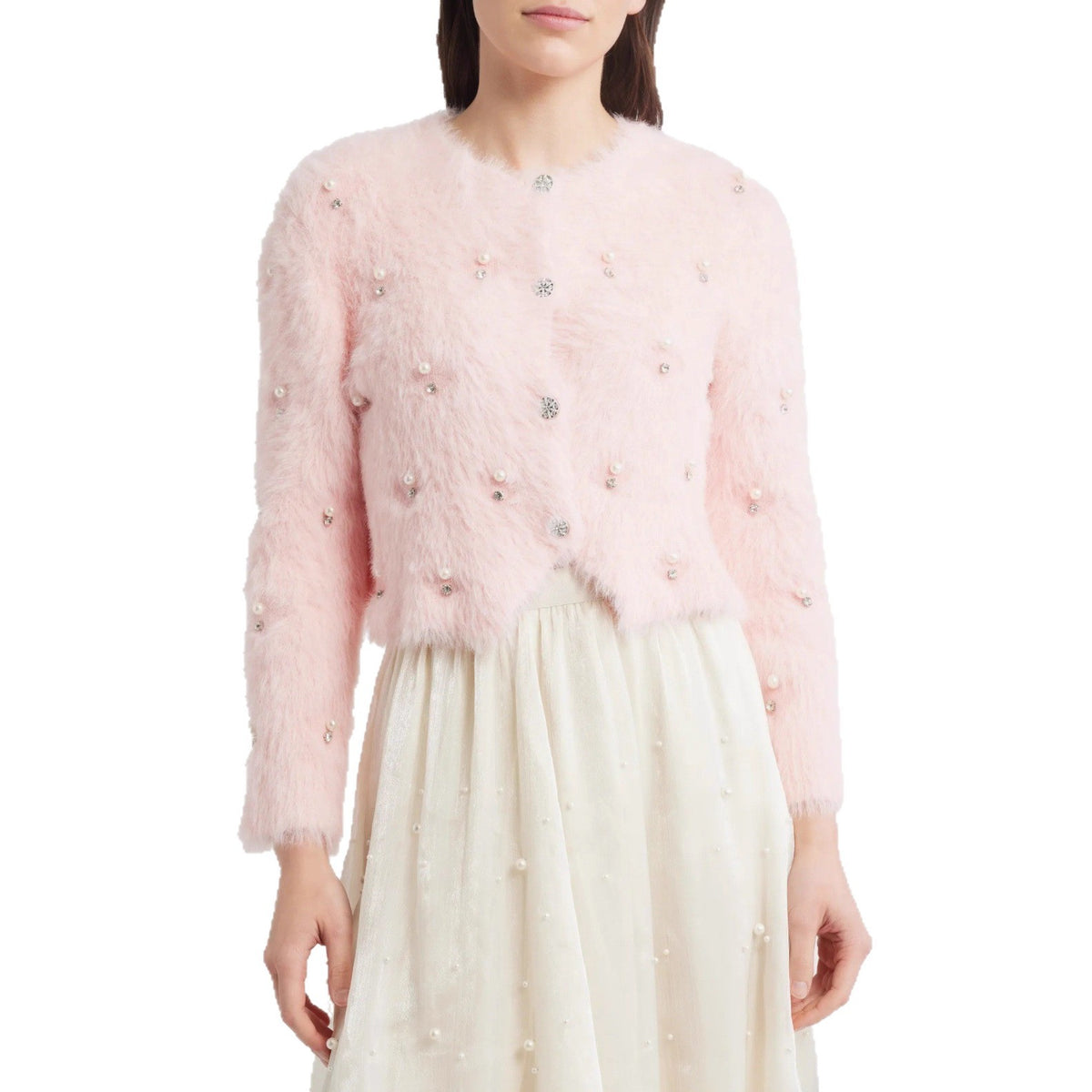 Women's Fuzzy Pearl Embellished Cropped Cardigan Sweater