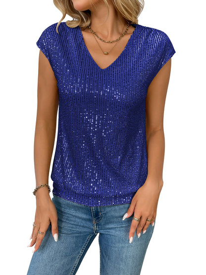Women's V-Neck Sequin Tank Top – Sleeveless Summer Party Blouse