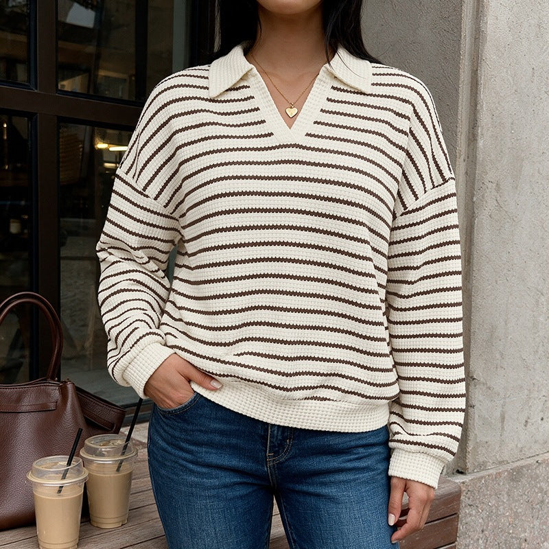 Oversized Striped Waffle Knit Collared Sweater