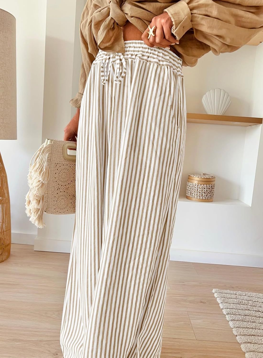 Striped Wide Leg Pants Drawstring Pocket Trousers