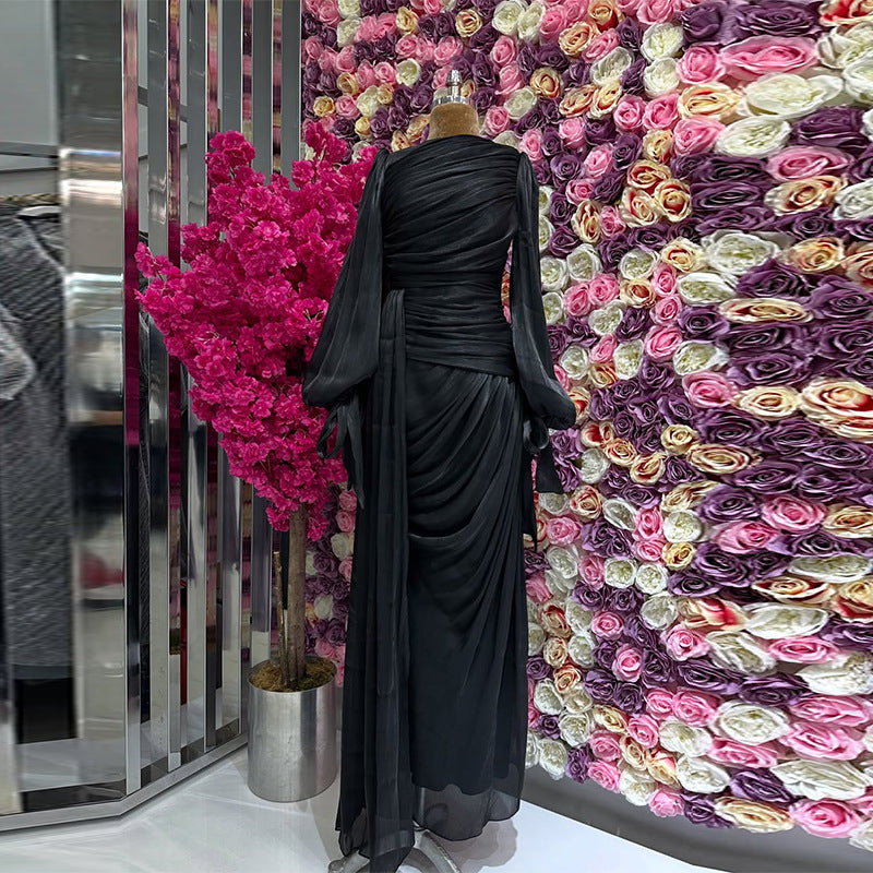 Elegant Ruched Long Sleeve Maxi Dress Evening Gown