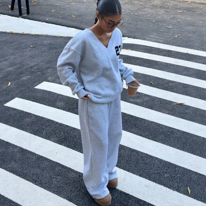 V Neck Graphic Sweatshirt Wide Leg Sweatpants Set