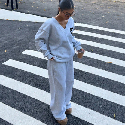 V Neck Graphic Sweatshirt Wide Leg Sweatpants Set