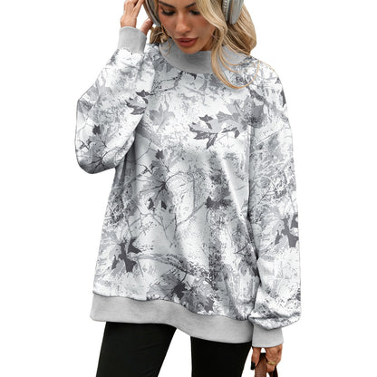 Women's Oversized Printed Mock Neck Sweatshirt Long Sleeve