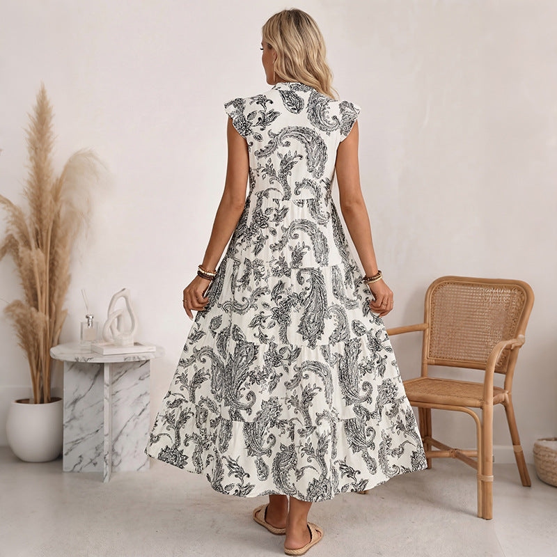 Boho Paisley Print V-Neck Flutter Sleeve Tiered Midi Dress