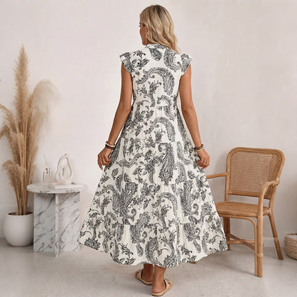 Boho Paisley Print V-Neck Flutter Sleeve Tiered Midi Dress