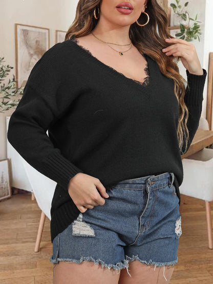 Women's Deep V-Neck Splicing Lace Pullover Long Sleeve Sweater