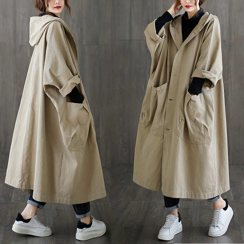 Women's Oversized Hooded Long Trench Coat Pockets