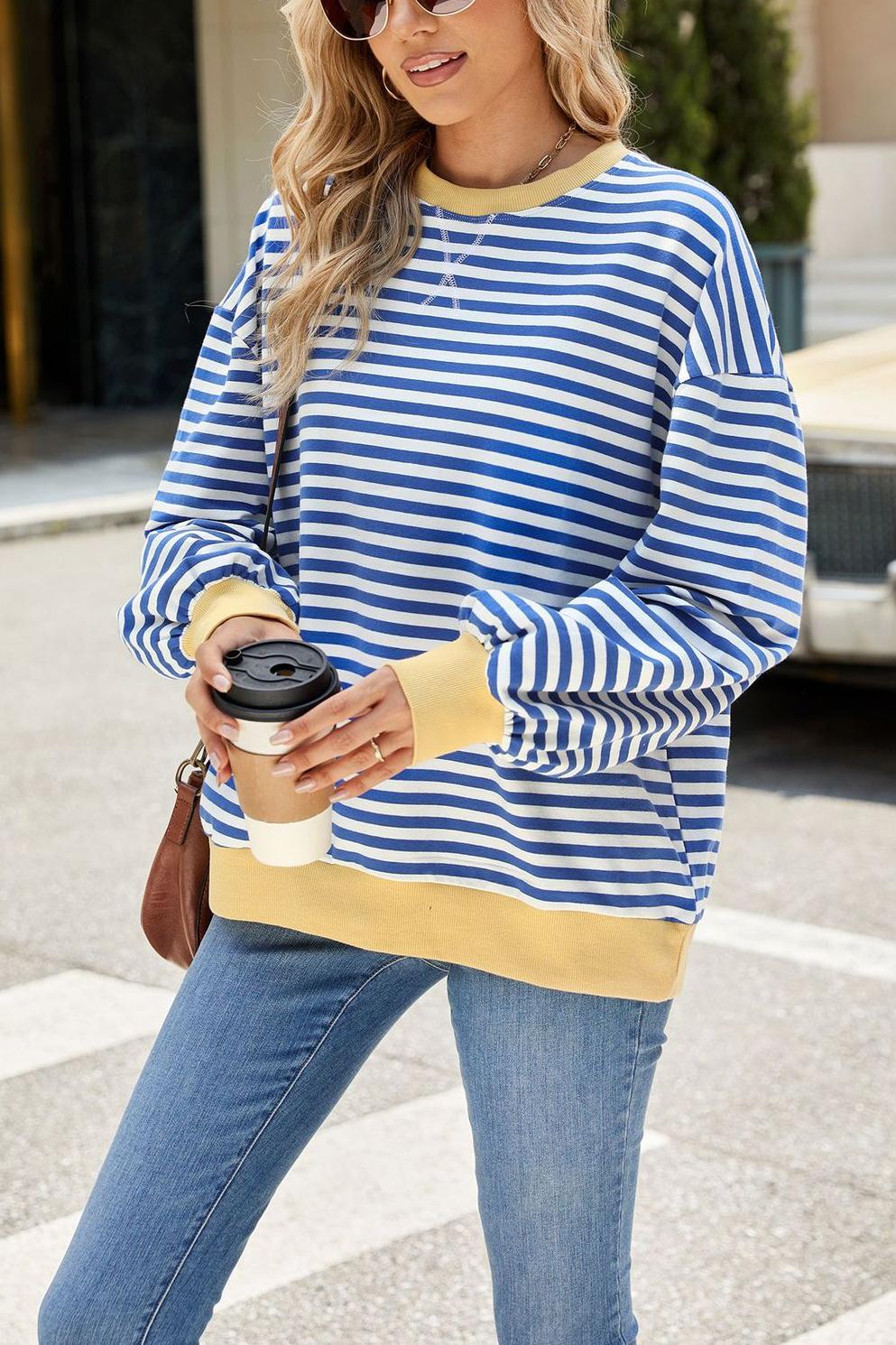 Striped Color Block Crew Neck Oversized Sweatshirt