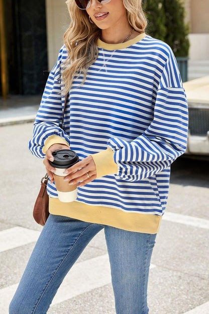 Striped Color Block Crew Neck Oversized Sweatshirt