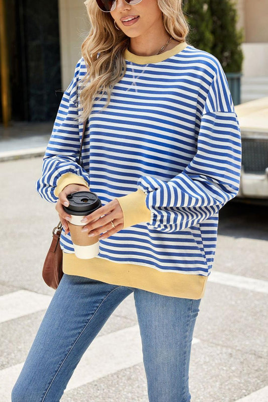 Striped Color Block Crew Neck Loose Fit Long Sleeve Sweatshirt