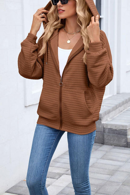 Quilted Zip-up Hooded Sweatshirt with Pockets for Women