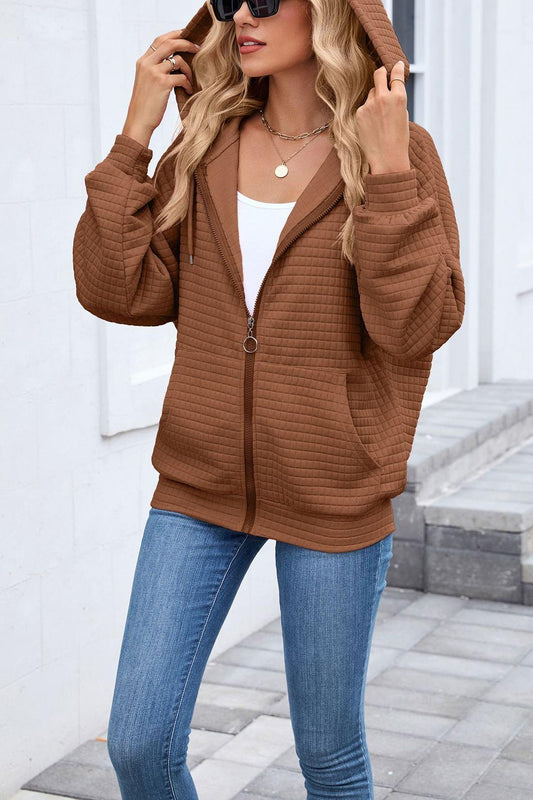 Quilted Zip-up Hooded Sweatshirt with Pockets for Women