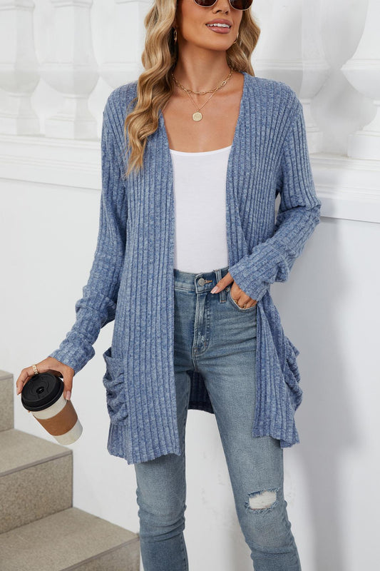 Simple Pocketed Long Sleeve Cardigan Knit Top