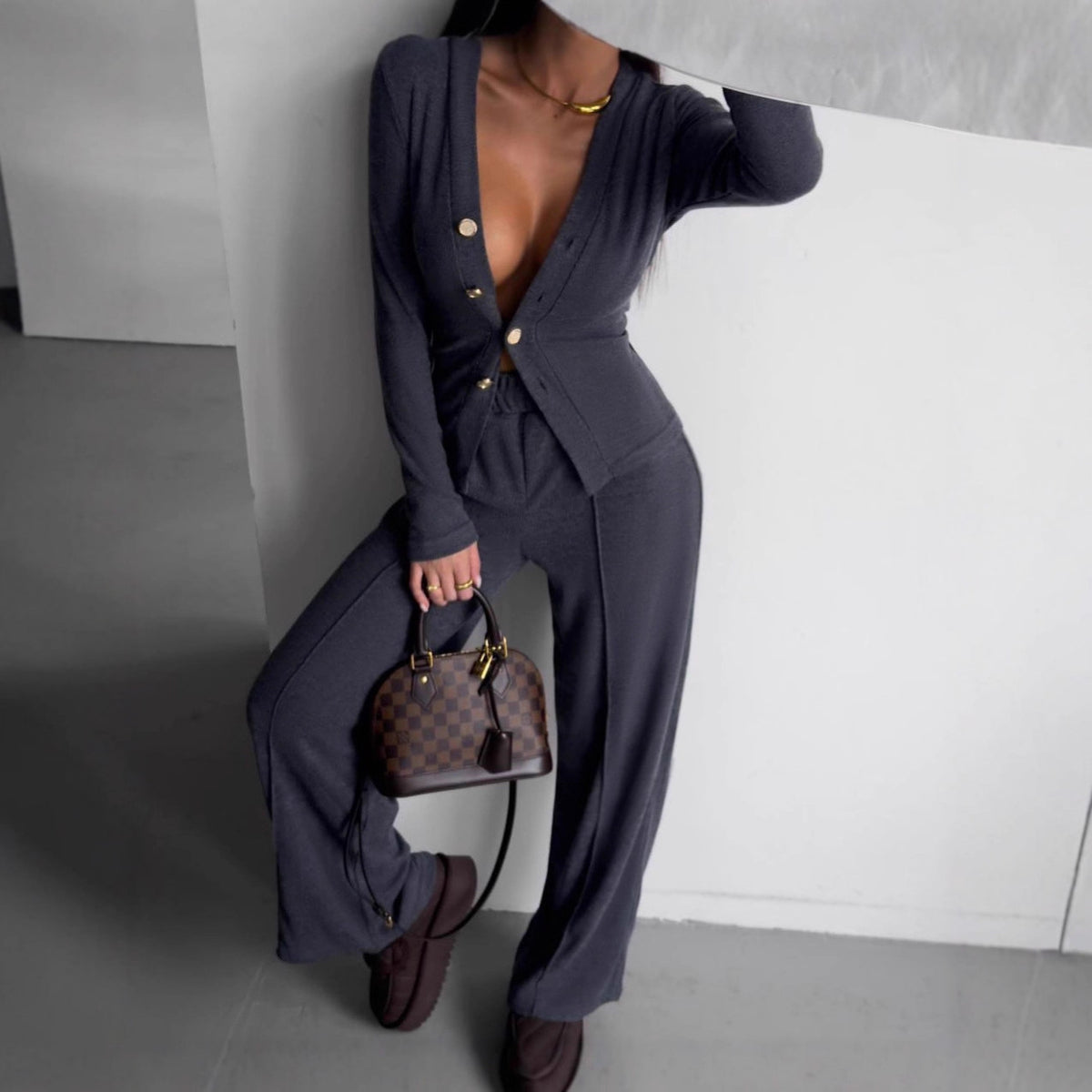 Women's Ribbed Button Cardigan Pants Matching Set