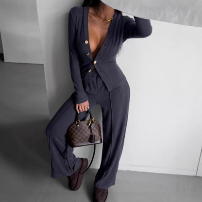 Women's Ribbed Button Cardigan Pants Matching Set