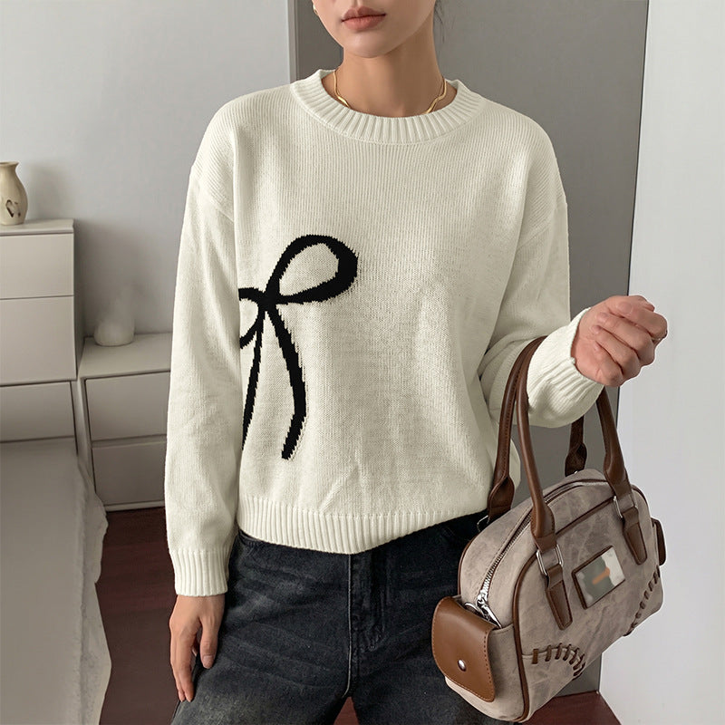Bow Graphic Knit Sweater Oversized Crewneck Pullover