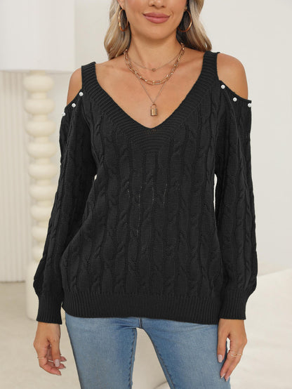 Women's Deep V Sexy Off-the-shoulder Beaded Loose Bottoming Shirt