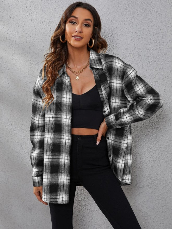 Women's Oversized Plaid Shacket Button Down Shirt Jacket
