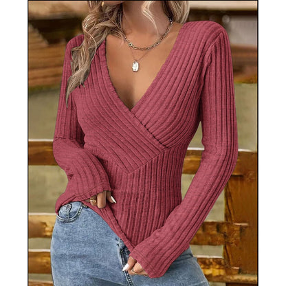 Women's Ribbed Deep V-Neck Long Sleeve Fitted Top