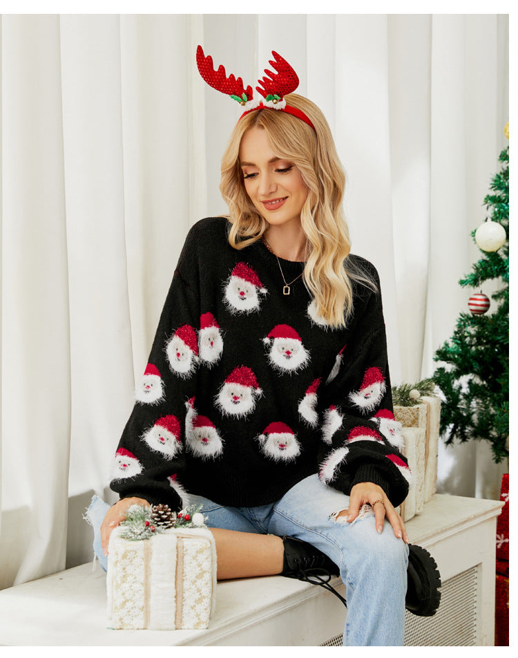 Santa Claus Pattern Knit Christmas Sweater Pullover for Women