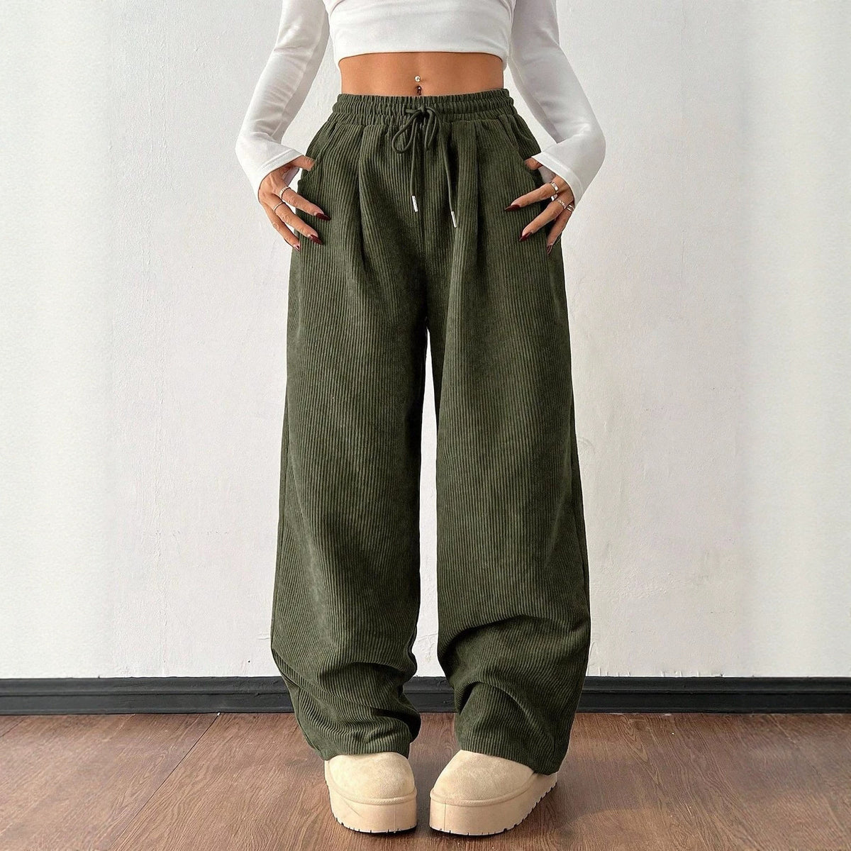 Women's Corduroy Wide Leg Pants Elastic Waist Drawstring