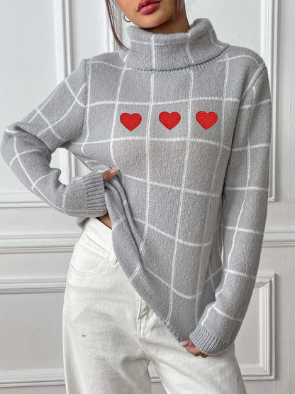 Women's Machine-woven Shirt Bottoming Shirt Contrasting Color Plaid Love Sticker Turtleneck Sweater