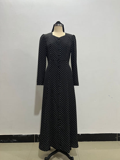 Long Sleeve Square Neck Polka Dot Button Front Maxi Dress