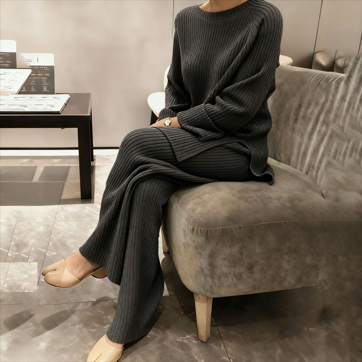 Women's Ribbed Knit Sweater Wide Leg Pants Set