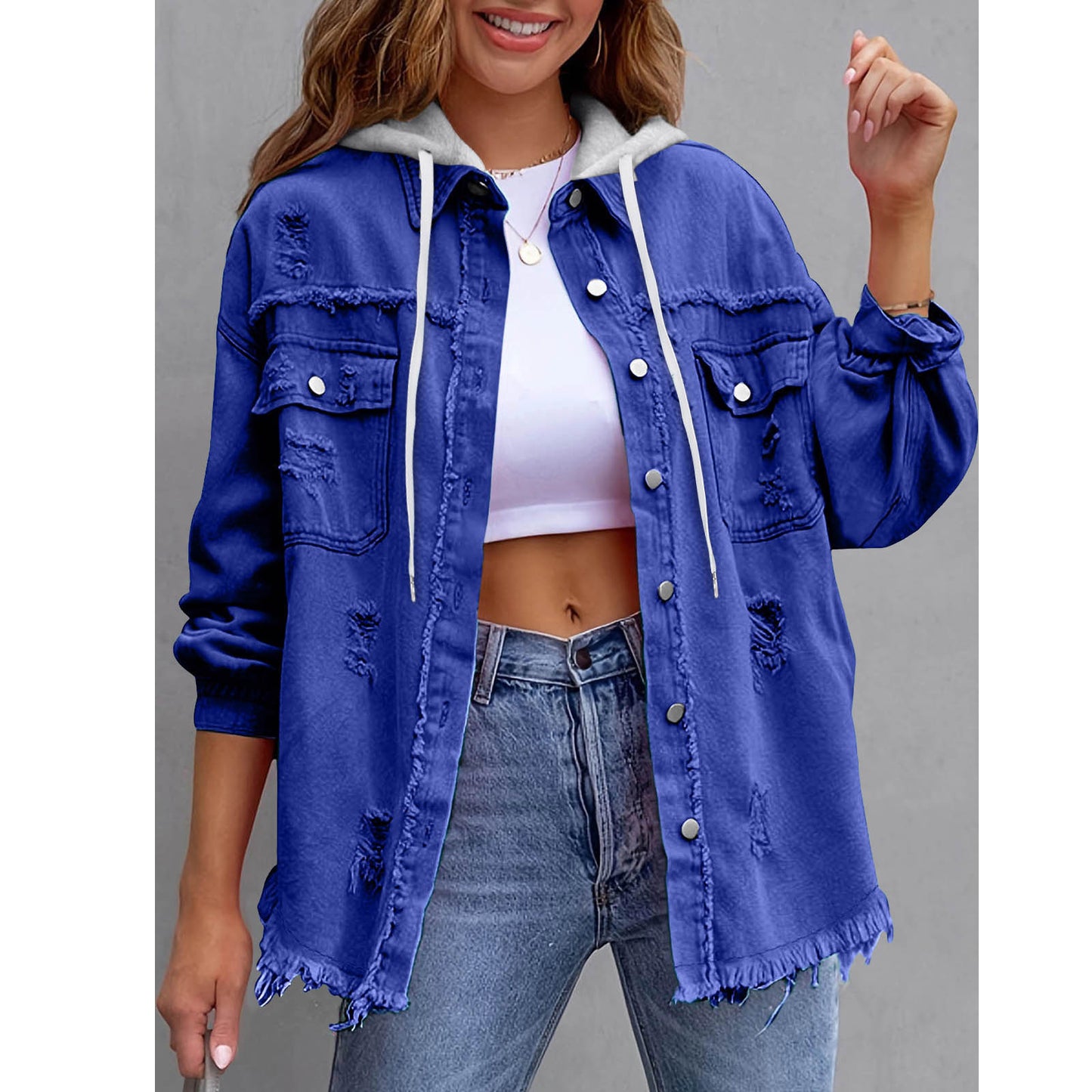 Distressed hooded denim jacket oversized fit