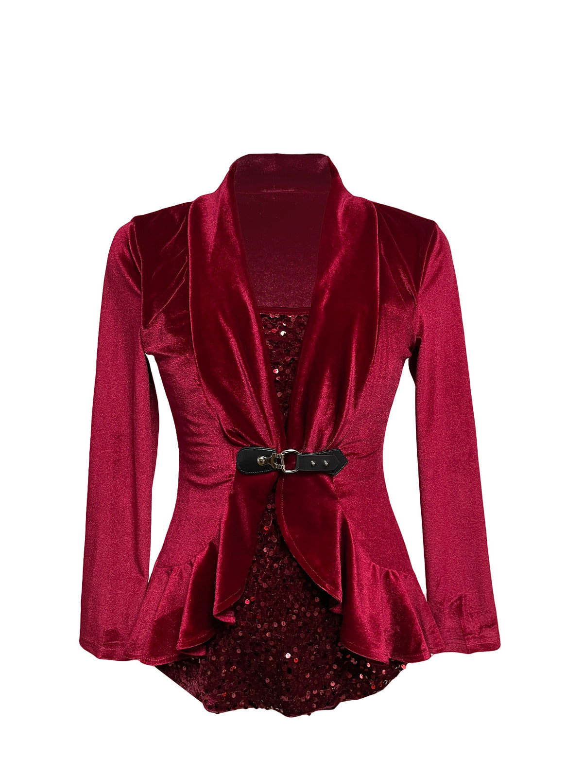 Women's Long Sleeve Velvet Sequin Belted Peplum Top