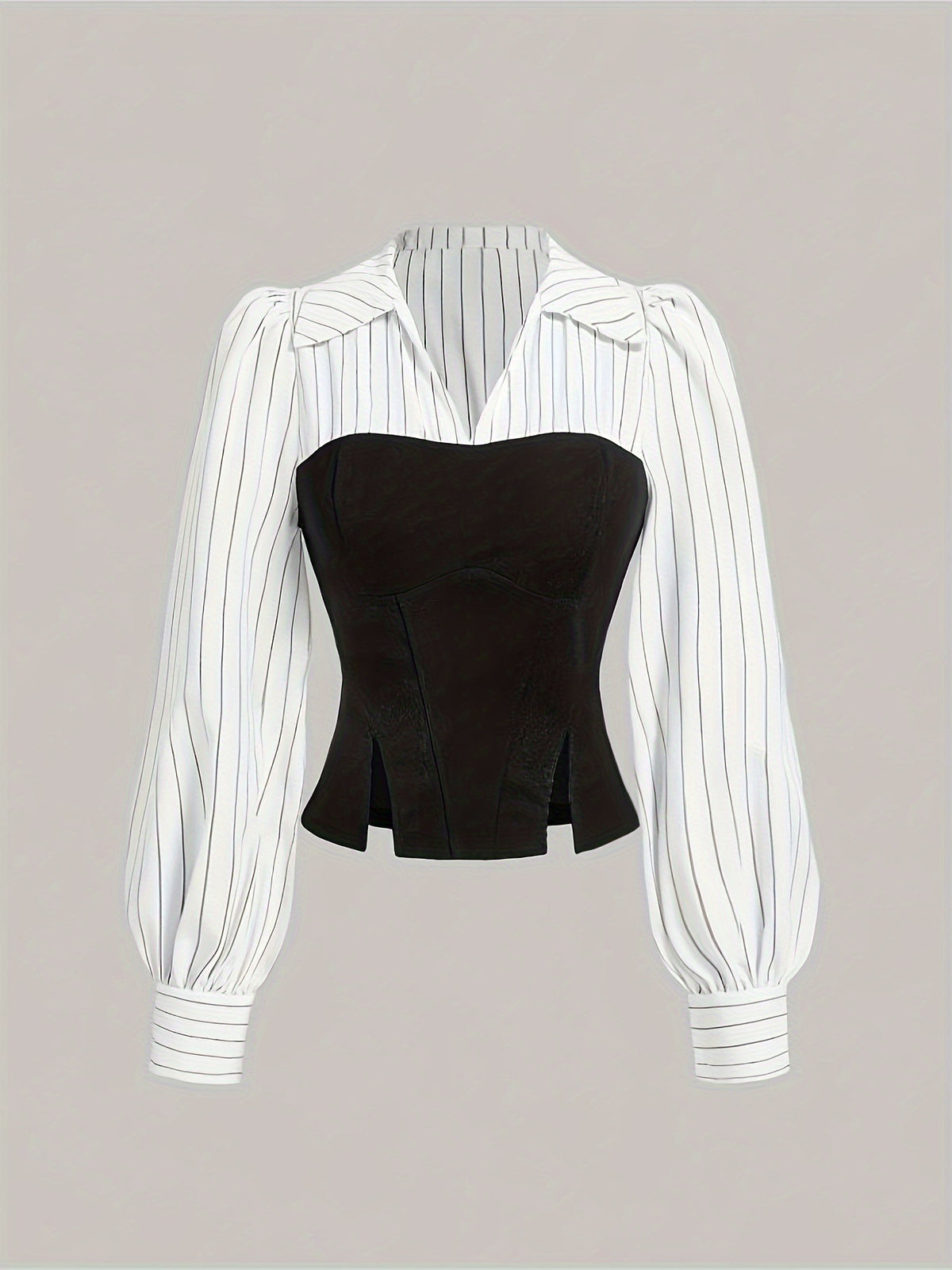 Striped Colorblock Corset Blouse Collared Puff Sleeve Top