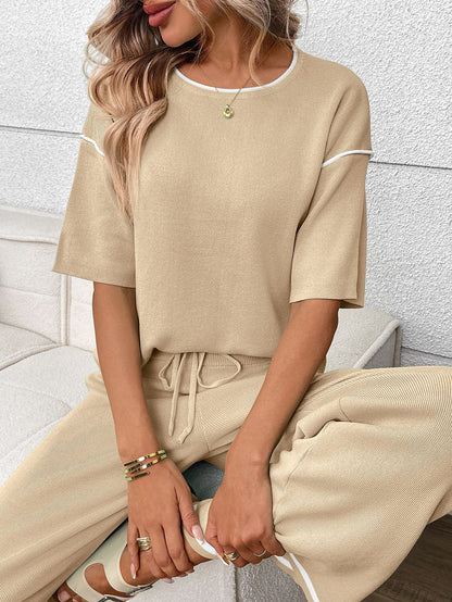 Mint Knit Lounge Set Short Sleeve Top Wide Leg Pants