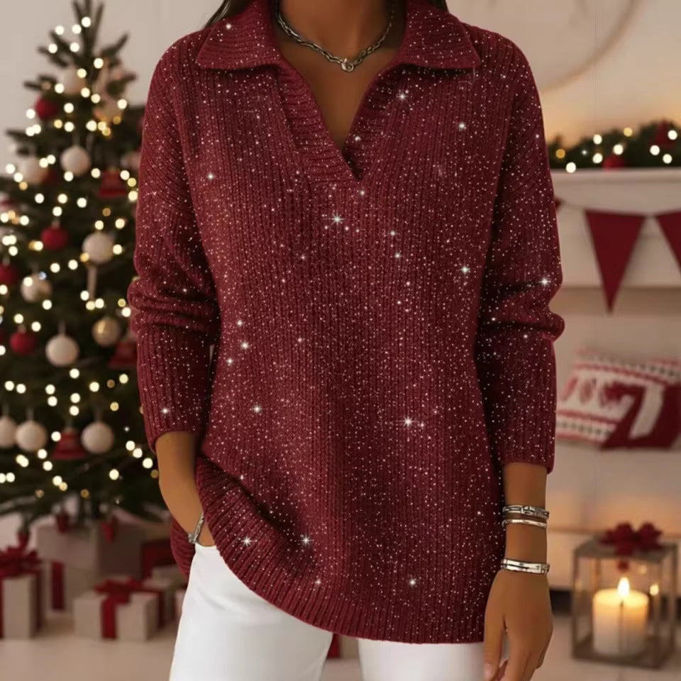 Sparkly Collared V-Neck Sweater Tunic
