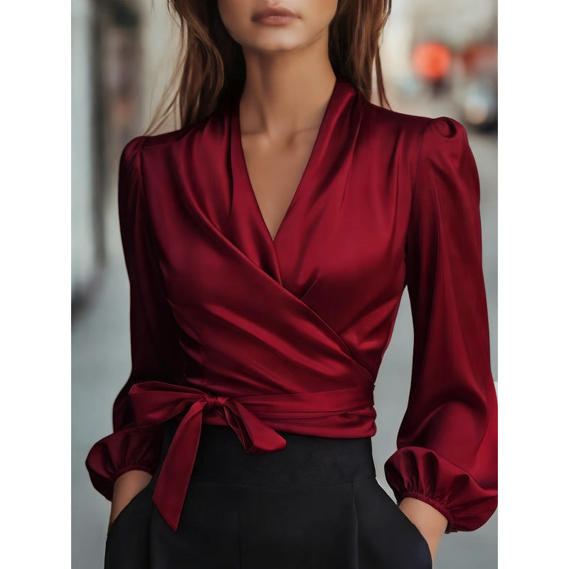 Satin Wrap Blouse V-Neck Tie Waist Puff Sleeve