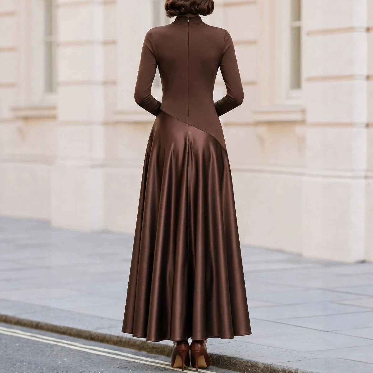 Brown Mock Neck Satin Maxi Dress Long Sleeve Fit Flare