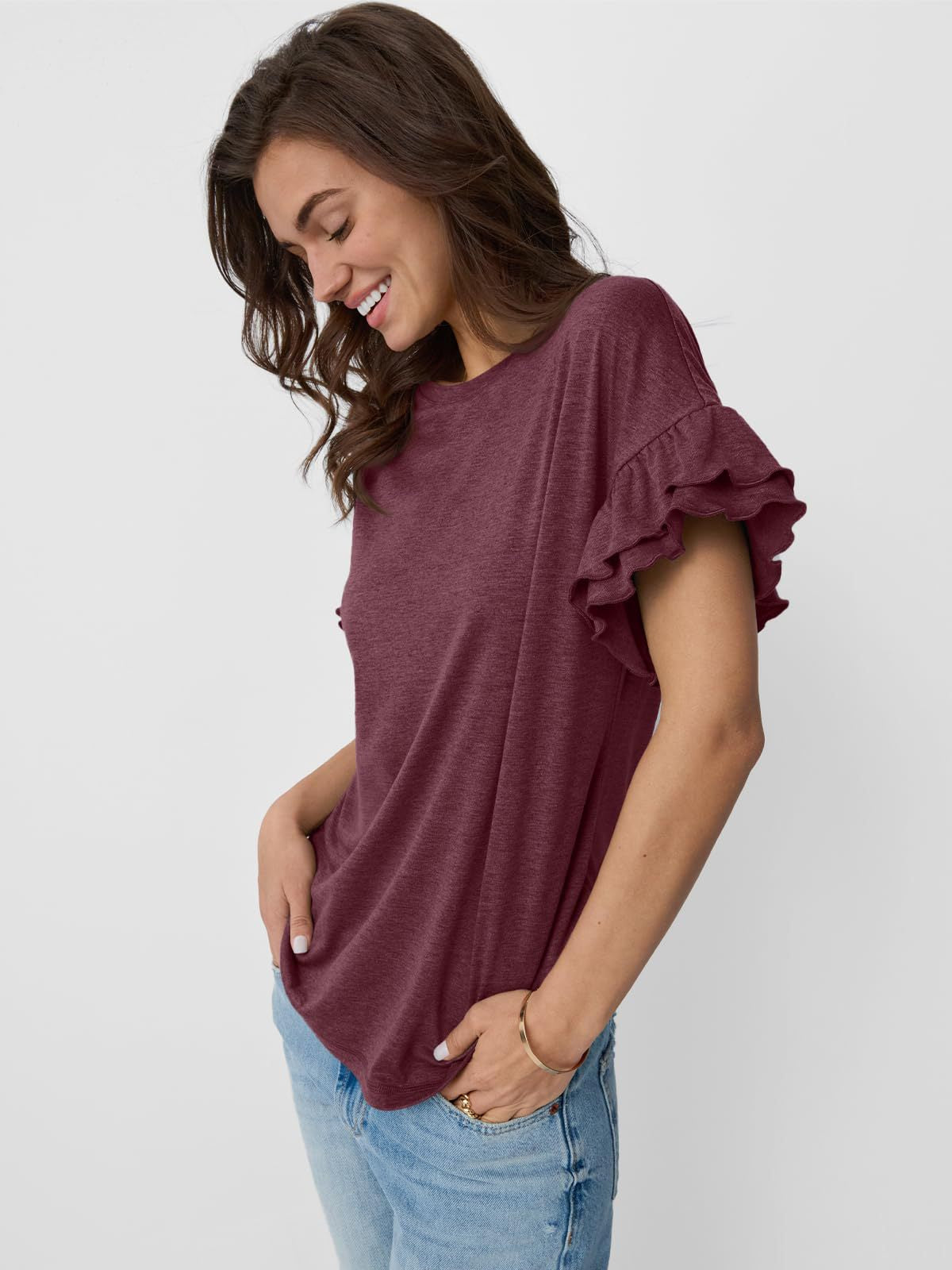 Women’s Ruffle Sleeve Crew Neck Tee Casual Summer Top