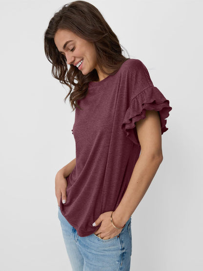 Women’s Ruffle Sleeve Crew Neck Tee Casual Summer Top
