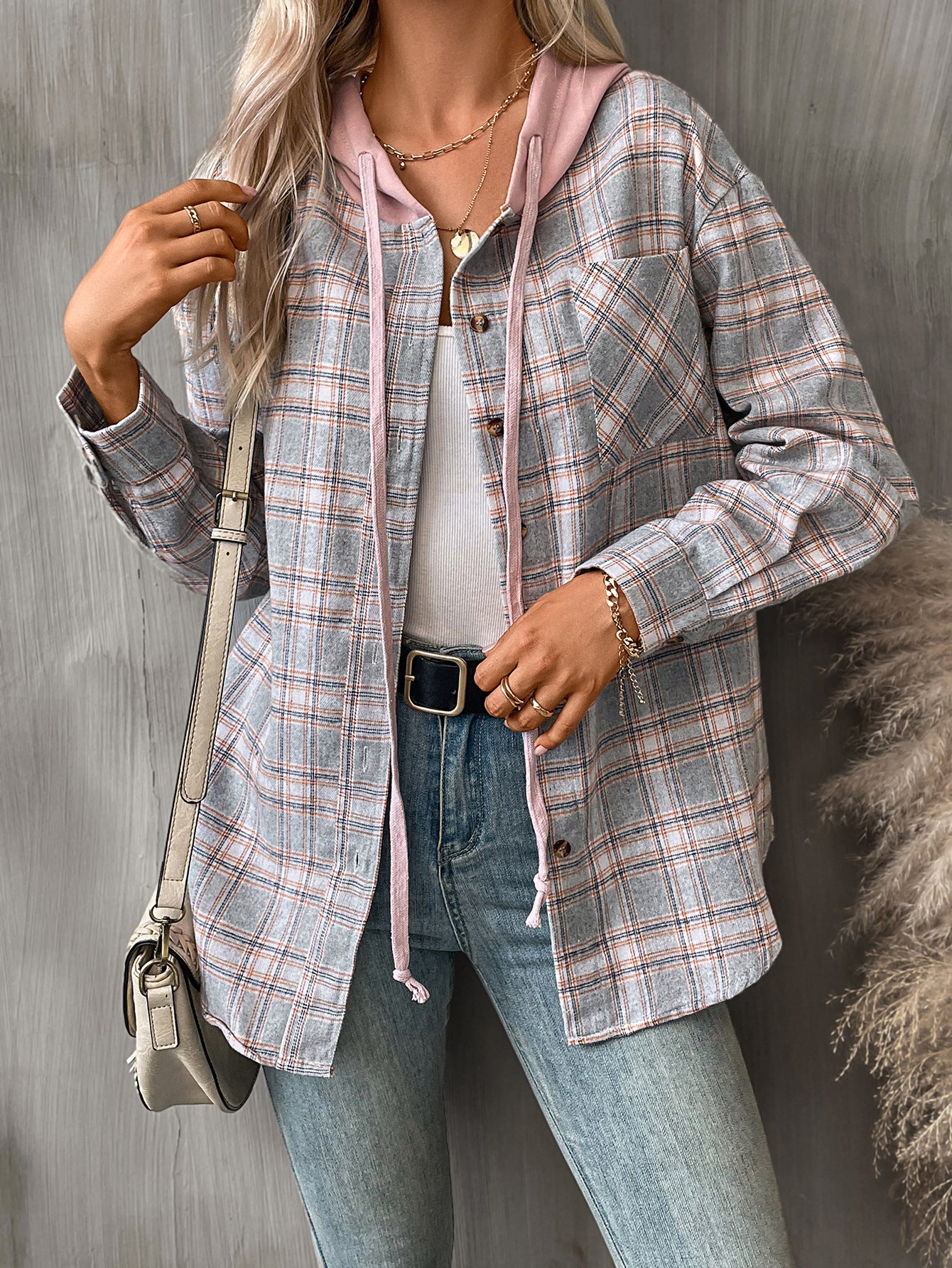 Plaid hooded button down shirt oversized fit