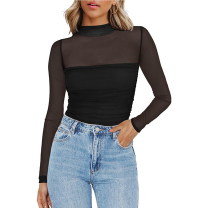 Y2K Mesh Semi-Turtleneck Long Sleeve Sexy T-Shirt