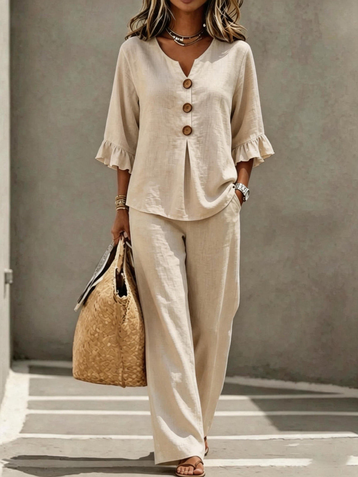 Women's V Neck Ruffle Sleeve Button Top Wide Leg Pants Set