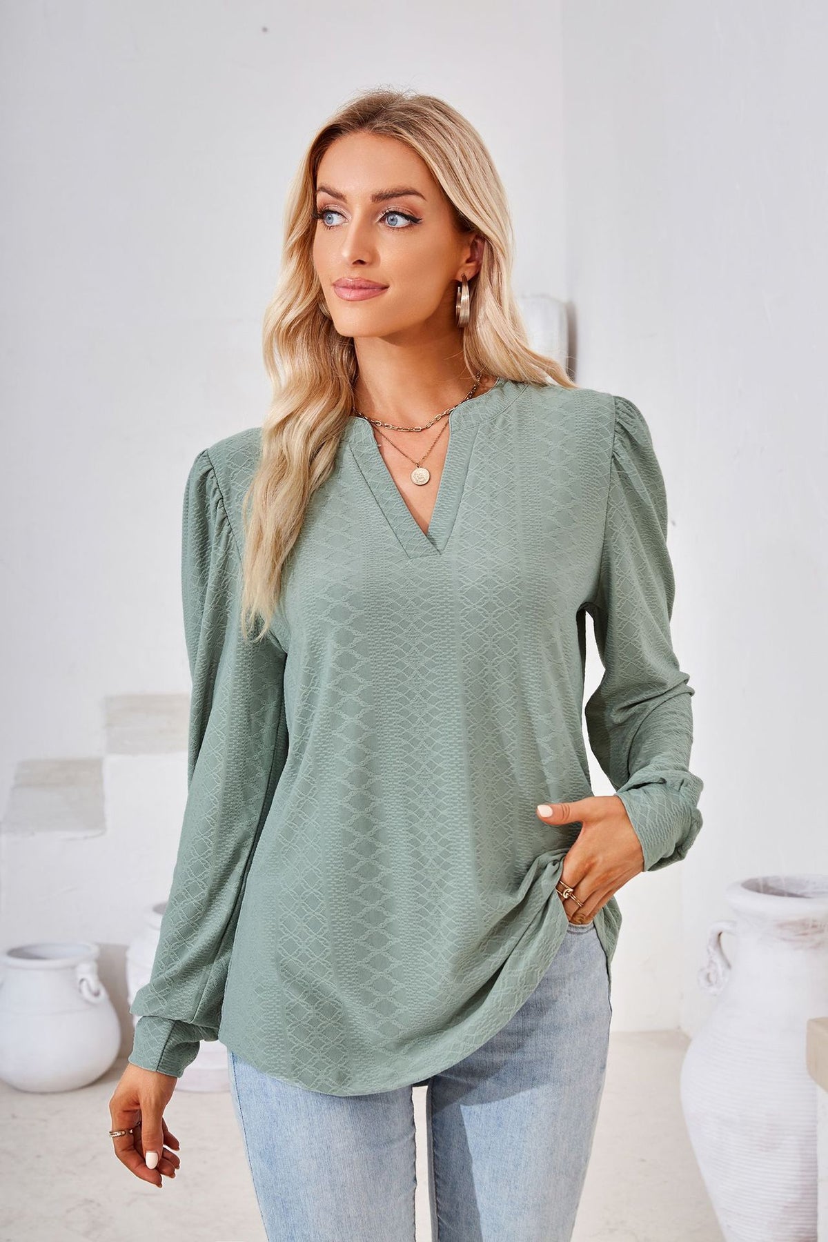 Women's V Neck Puff Sleeve Textured Tunic Top Long Sleeve