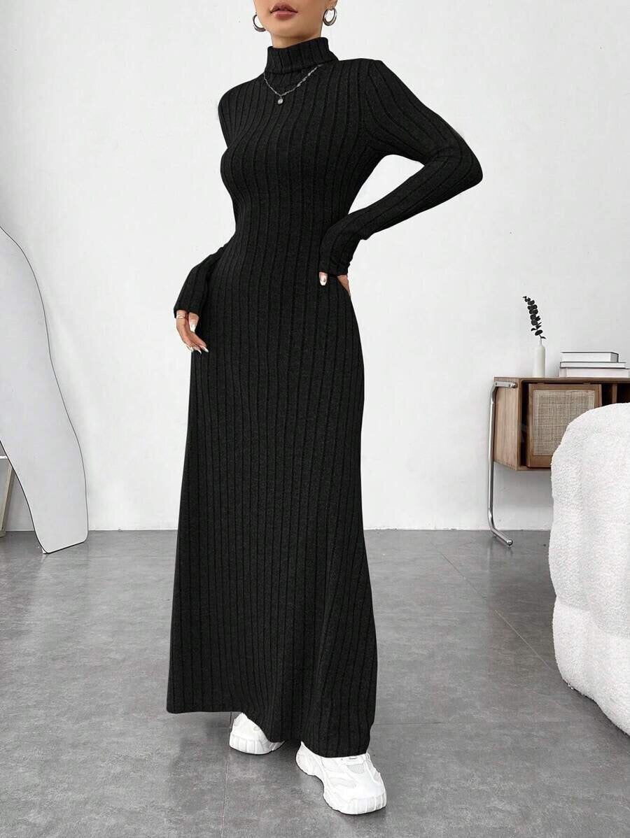 Ribbed Turtleneck Long Sleeve Maxi Sweater Dress