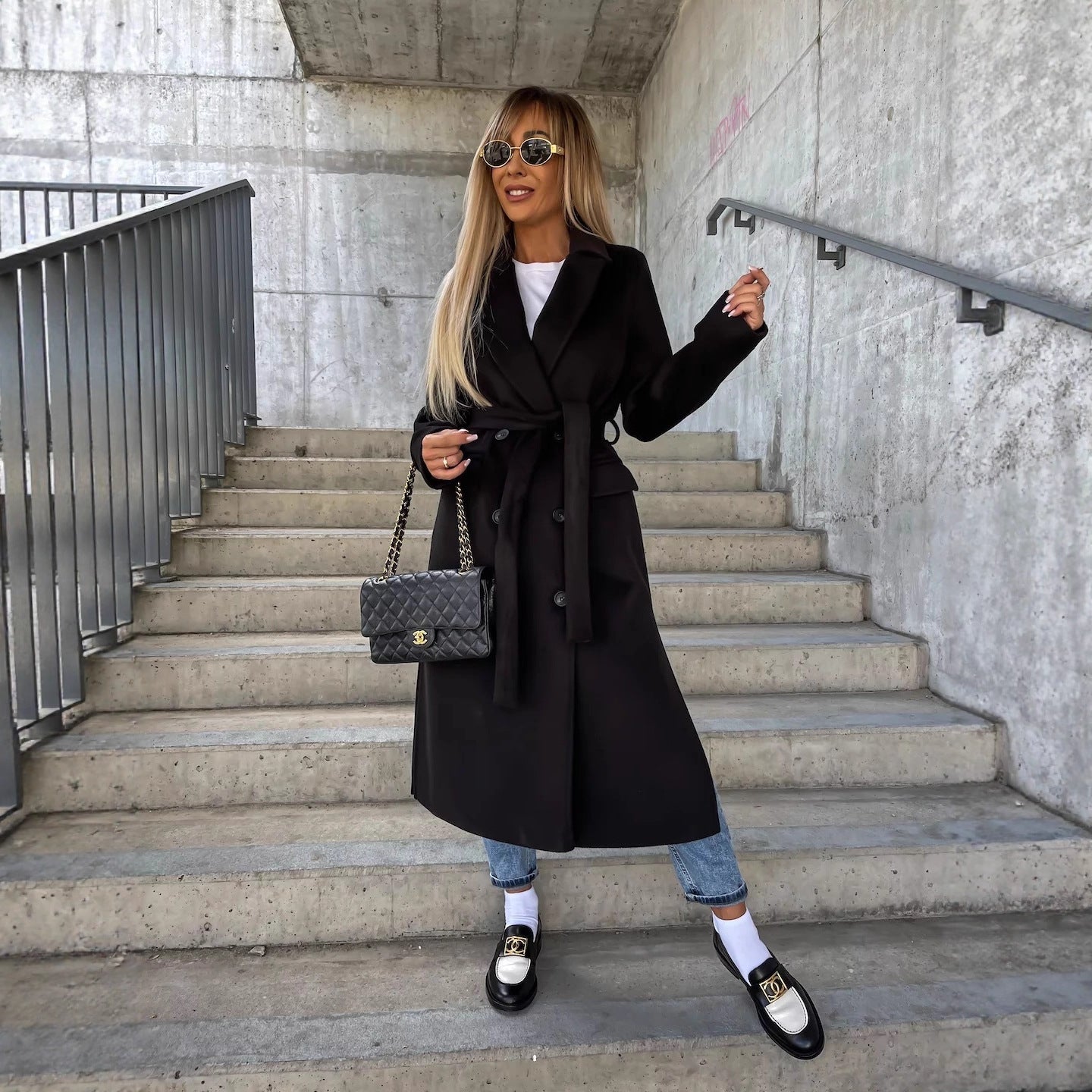 Women's Lapel Button Front Long Coat with Slit